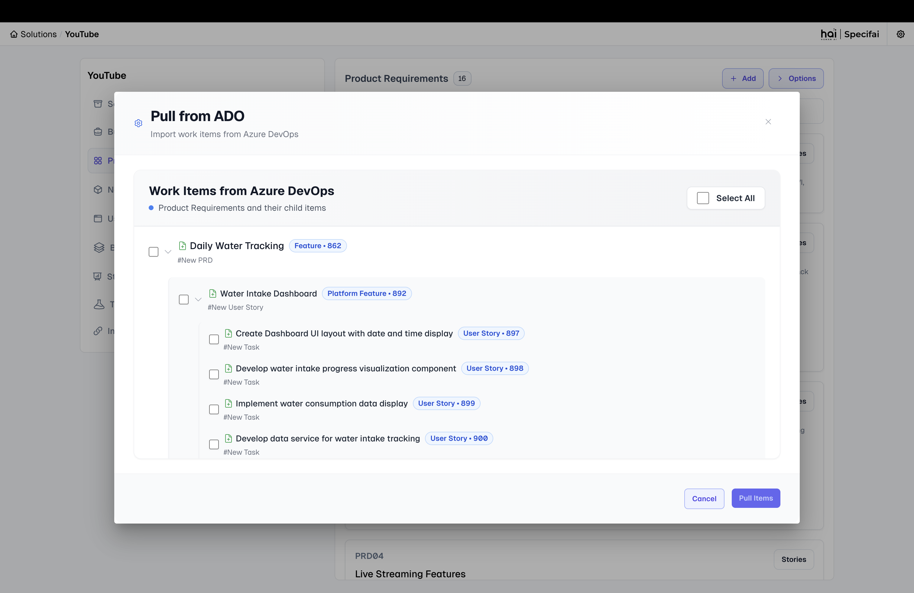 ADO Pull Selection Interface