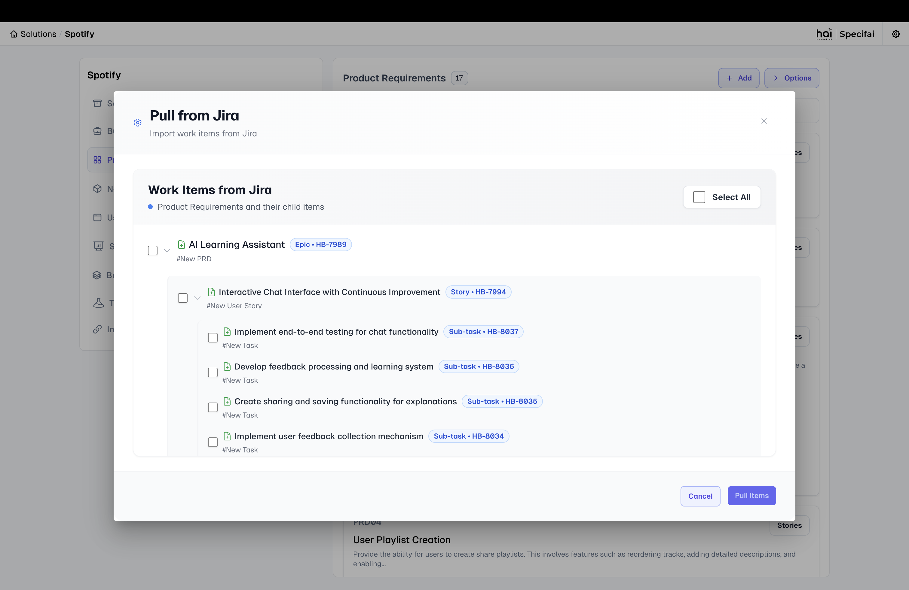 Jira Pull Selection Interface