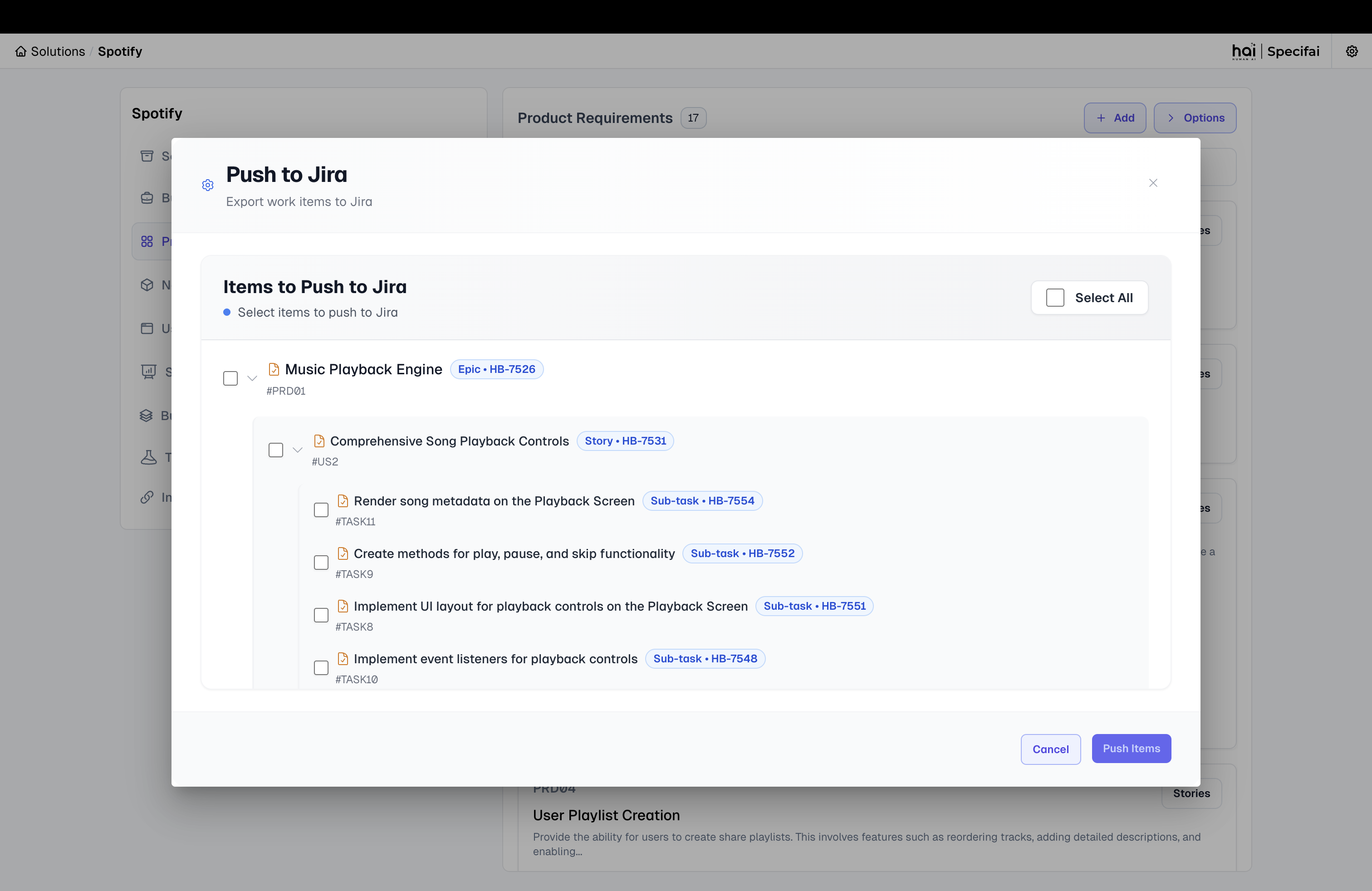 Jira Push Selection Interface