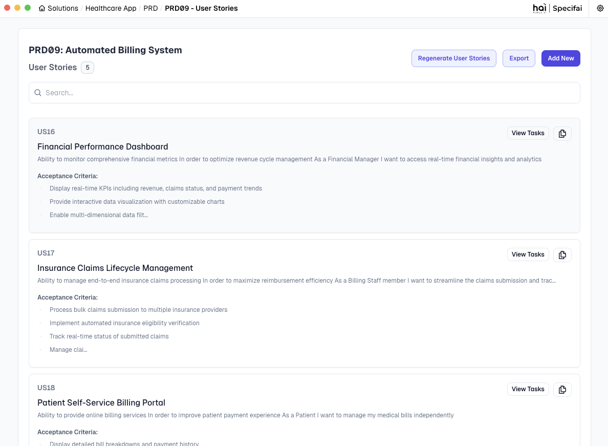 User Story Regeneration Interface