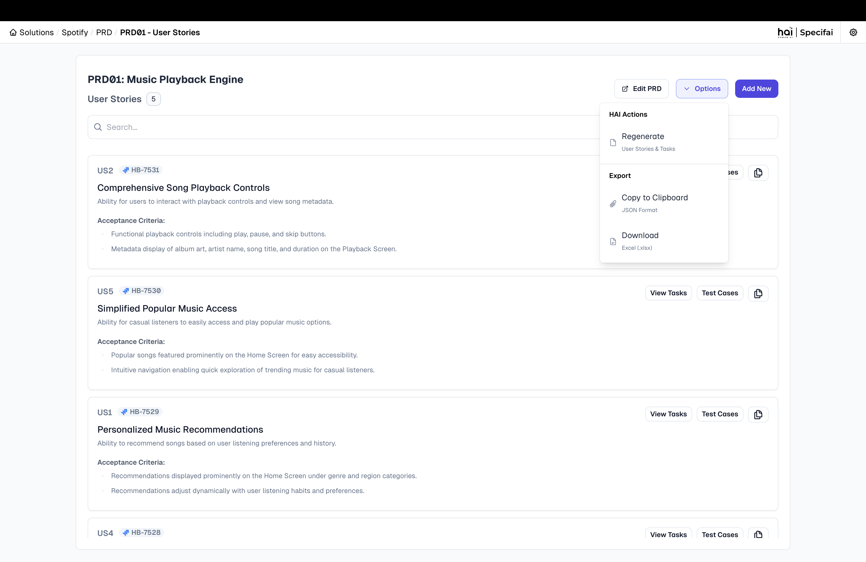 Export Options for User Stories